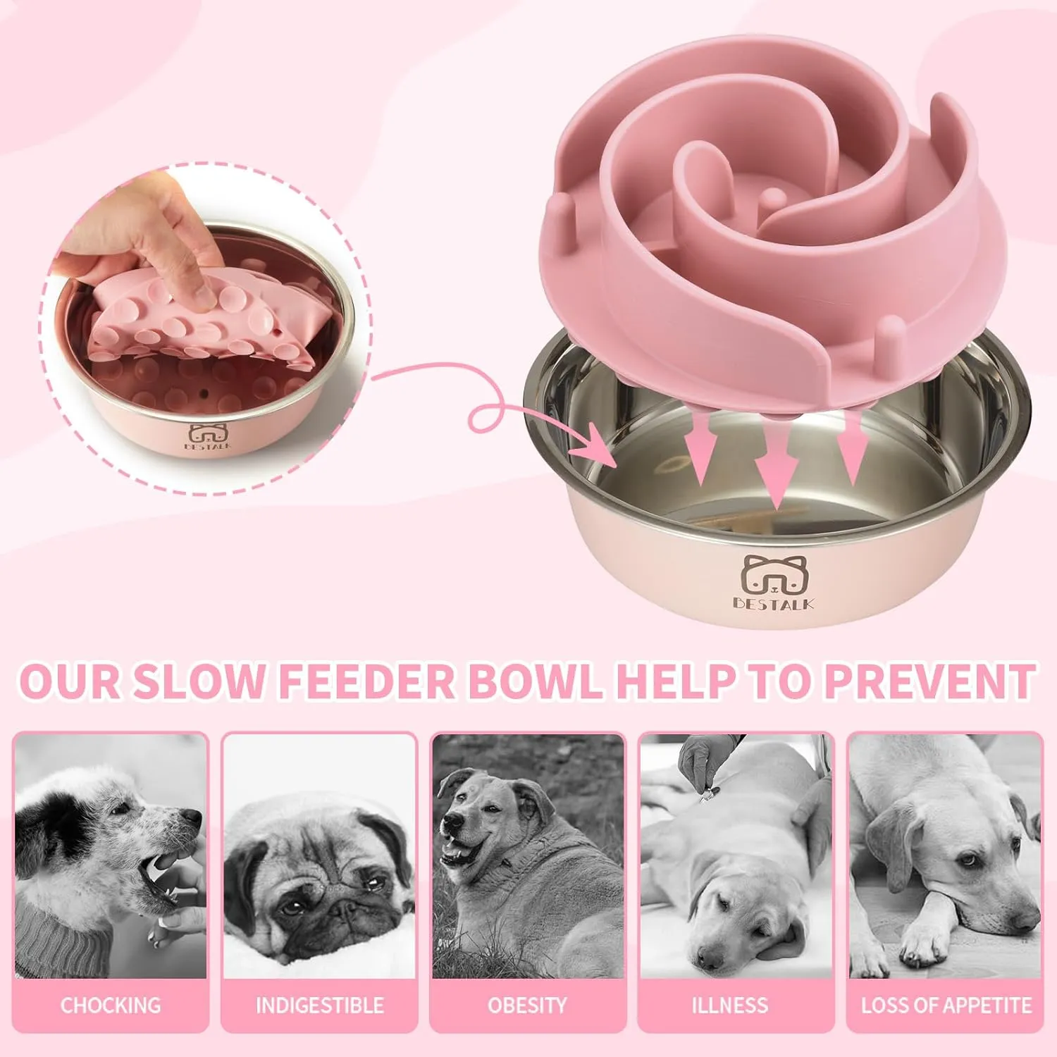 2-in-1 Metal Slow Feeder Dog Bowl, Bestalk Stainless Steel Dog Bowls with Silicone Slow Feeder Insert, Food Grade 304 Water Food Bowl with Anti-Slip Base for Small, Medium, Large Dogs