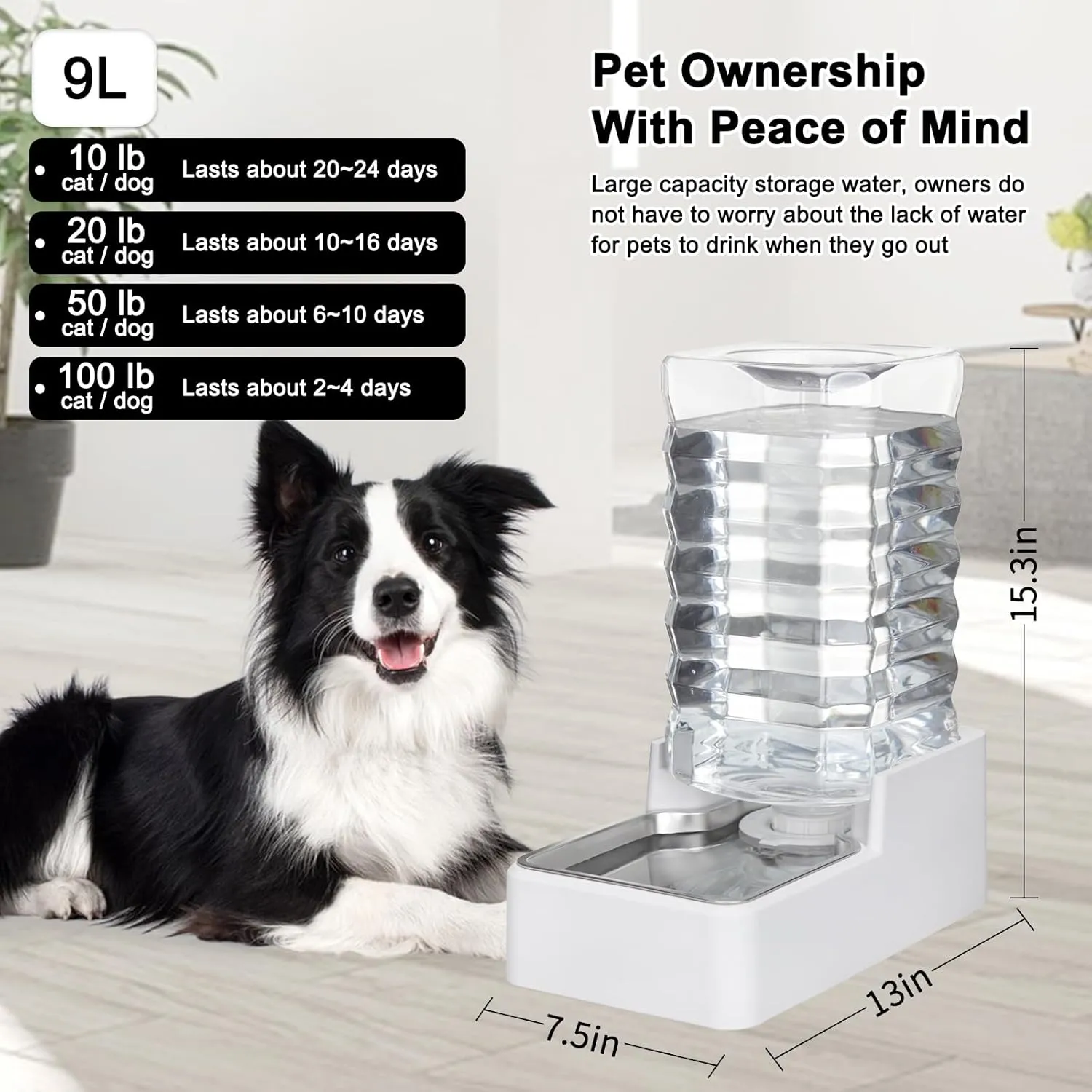 9L Upgraded Dog Water Bowl Dispenser, Stainless Steel Bowl, Automatic Gravity Cat Water Dispenser, BPA-Free, Large Capacity Water Dispenser with Two Caps and Filters(White,9L )