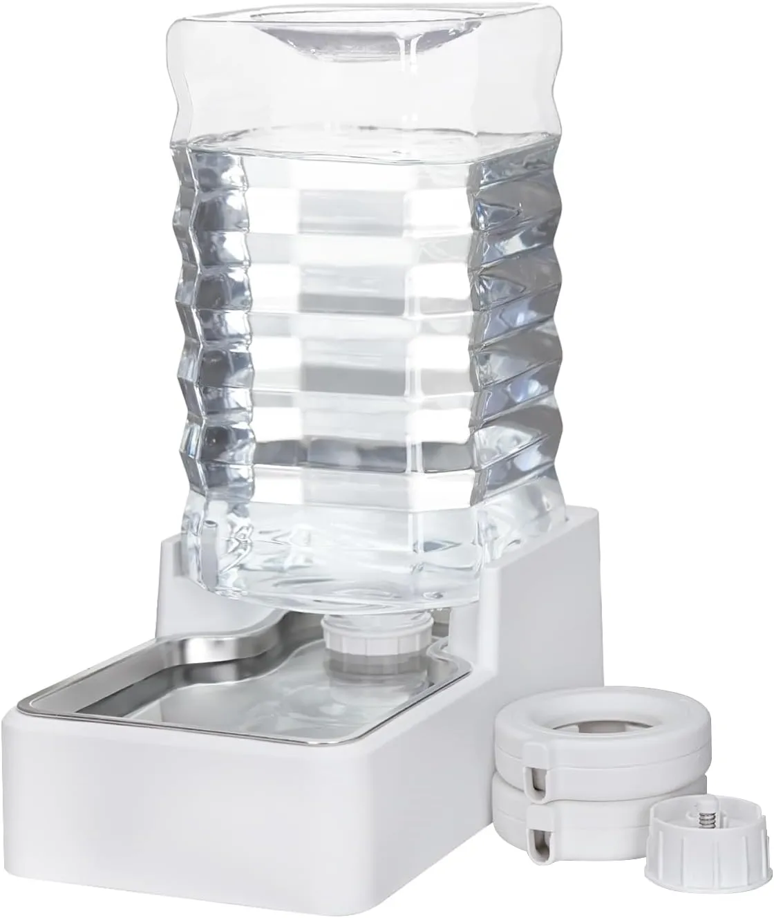9L Upgraded Dog Water Bowl Dispenser, Stainless Steel Bowl, Automatic Gravity Cat Water Dispenser, BPA-Free, Large Capacity Water Dispenser with Two Caps and Filters(White,9L )