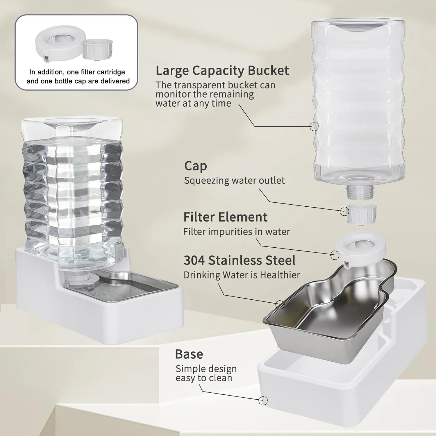 9L Upgraded Dog Water Bowl Dispenser, Stainless Steel Bowl, Automatic Gravity Cat Water Dispenser, BPA-Free, Large Capacity Water Dispenser with Two Caps and Filters(White,9L )