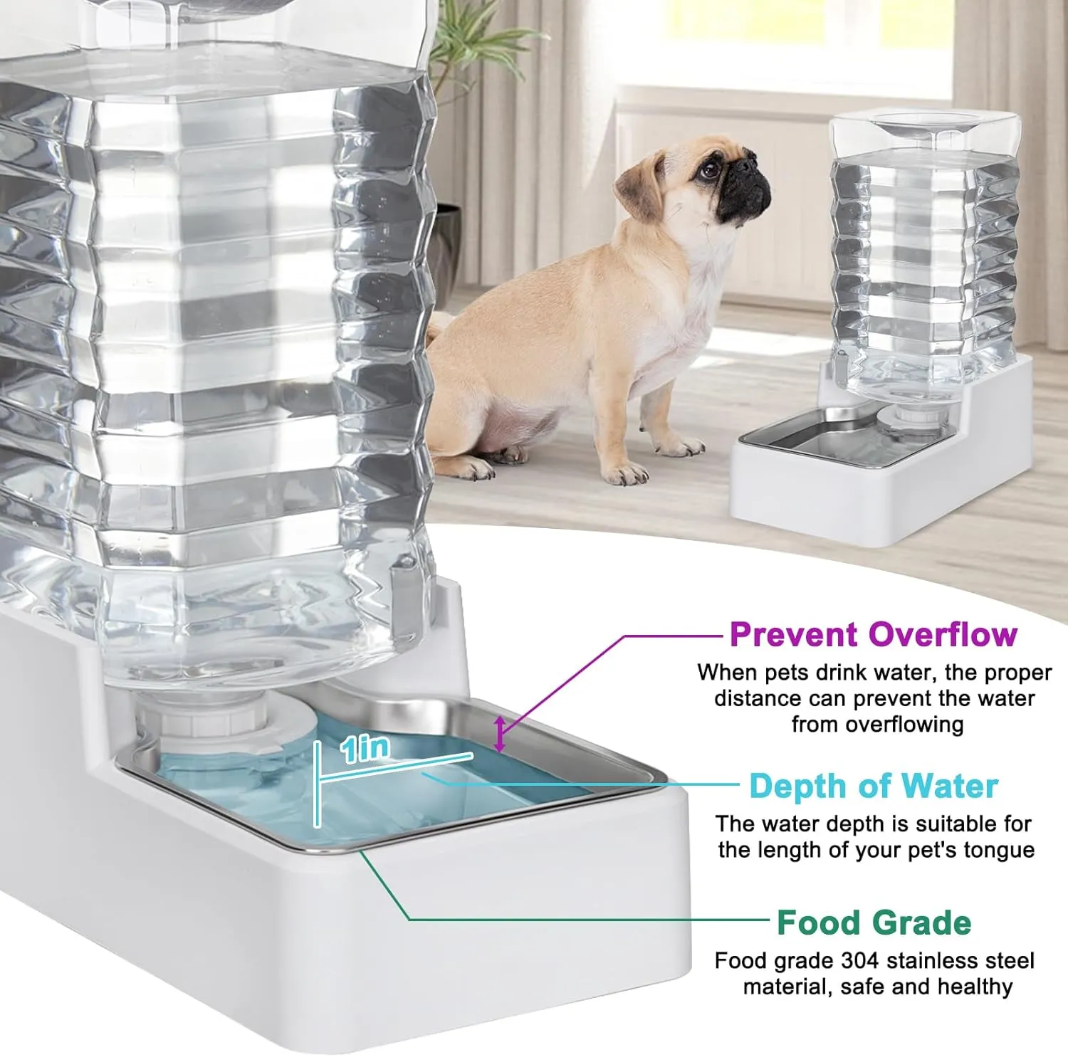9L Upgraded Dog Water Bowl Dispenser, Stainless Steel Bowl, Automatic Gravity Cat Water Dispenser, BPA-Free, Large Capacity Water Dispenser with Two Caps and Filters(White,9L )