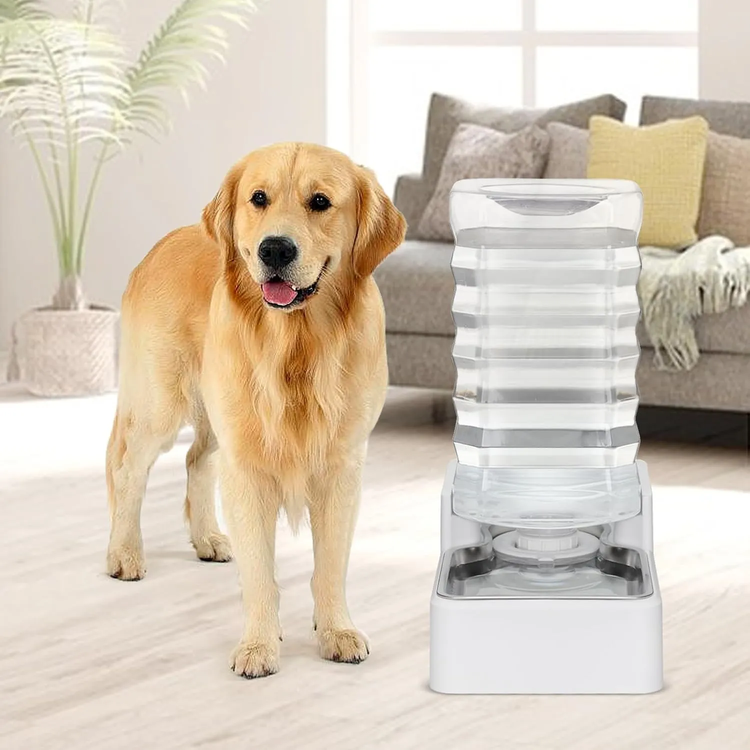 9L Upgraded Dog Water Bowl Dispenser, Stainless Steel Bowl, Automatic Gravity Cat Water Dispenser, BPA-Free, Large Capacity Water Dispenser with Two Caps and Filters(White,9L )