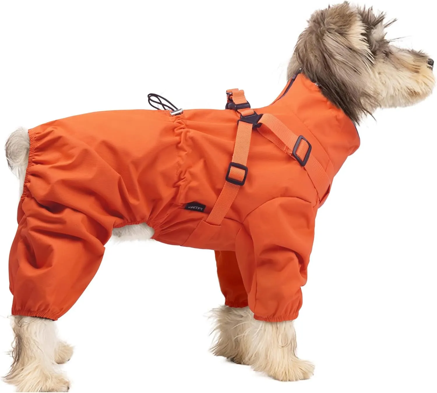 BRKURLEG Dog Raincoat for Small Dogs, Small Dog Rain Jacket with Harness Built in, Waterproof 4 Legs Pet Raincoats, Puppy Outdoor Jacket with Reflective Strip, Orange, XL