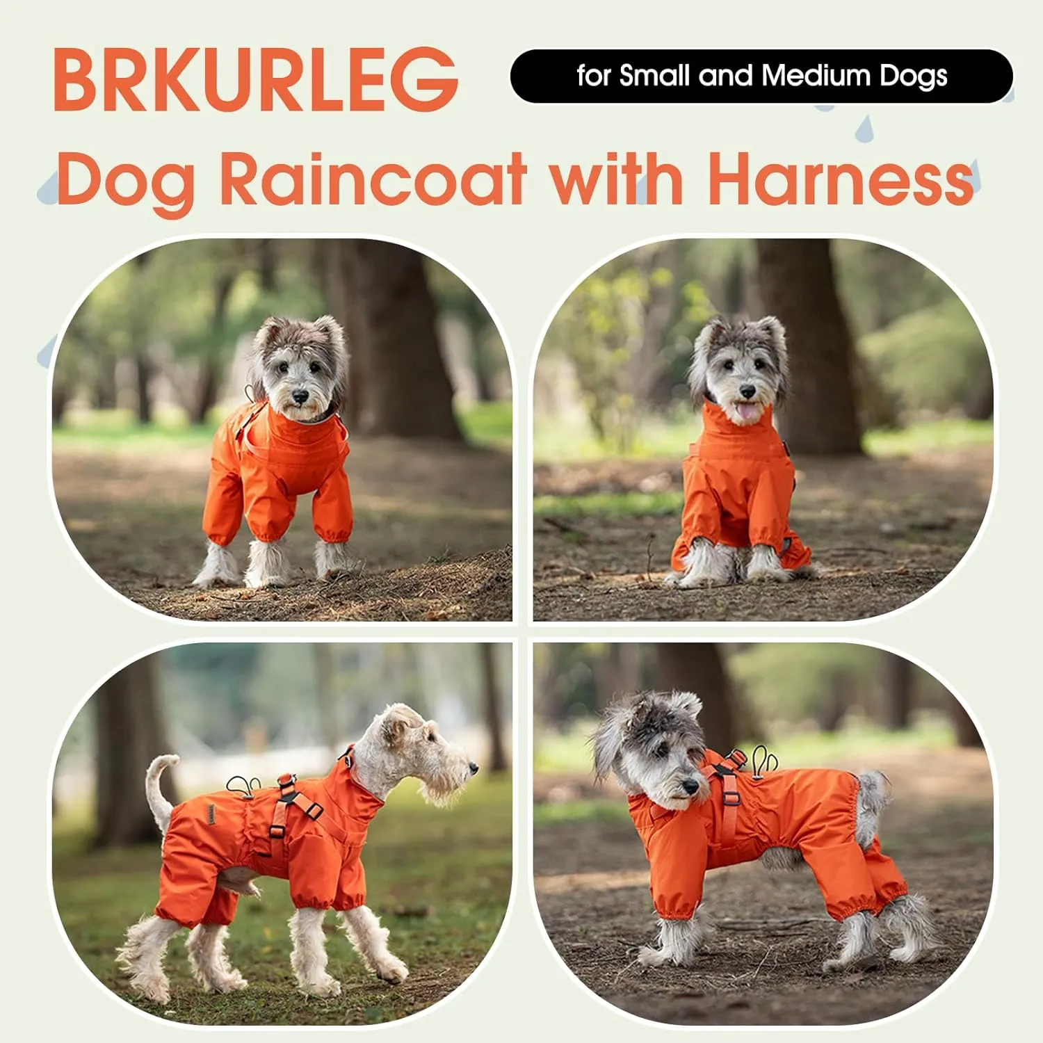 BRKURLEG Dog Raincoat for Small Dogs, Small Dog Rain Jacket with Harness Built in, Waterproof 4 Legs Pet Raincoats, Puppy Outdoor Jacket with Reflective Strip, Orange, XL