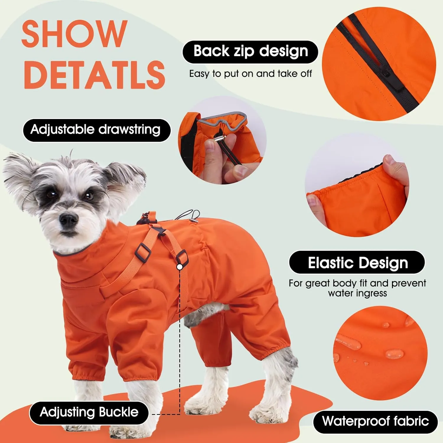 BRKURLEG Dog Raincoat for Small Dogs, Small Dog Rain Jacket with Harness Built in, Waterproof 4 Legs Pet Raincoats, Puppy Outdoor Jacket with Reflective Strip, Orange, XL