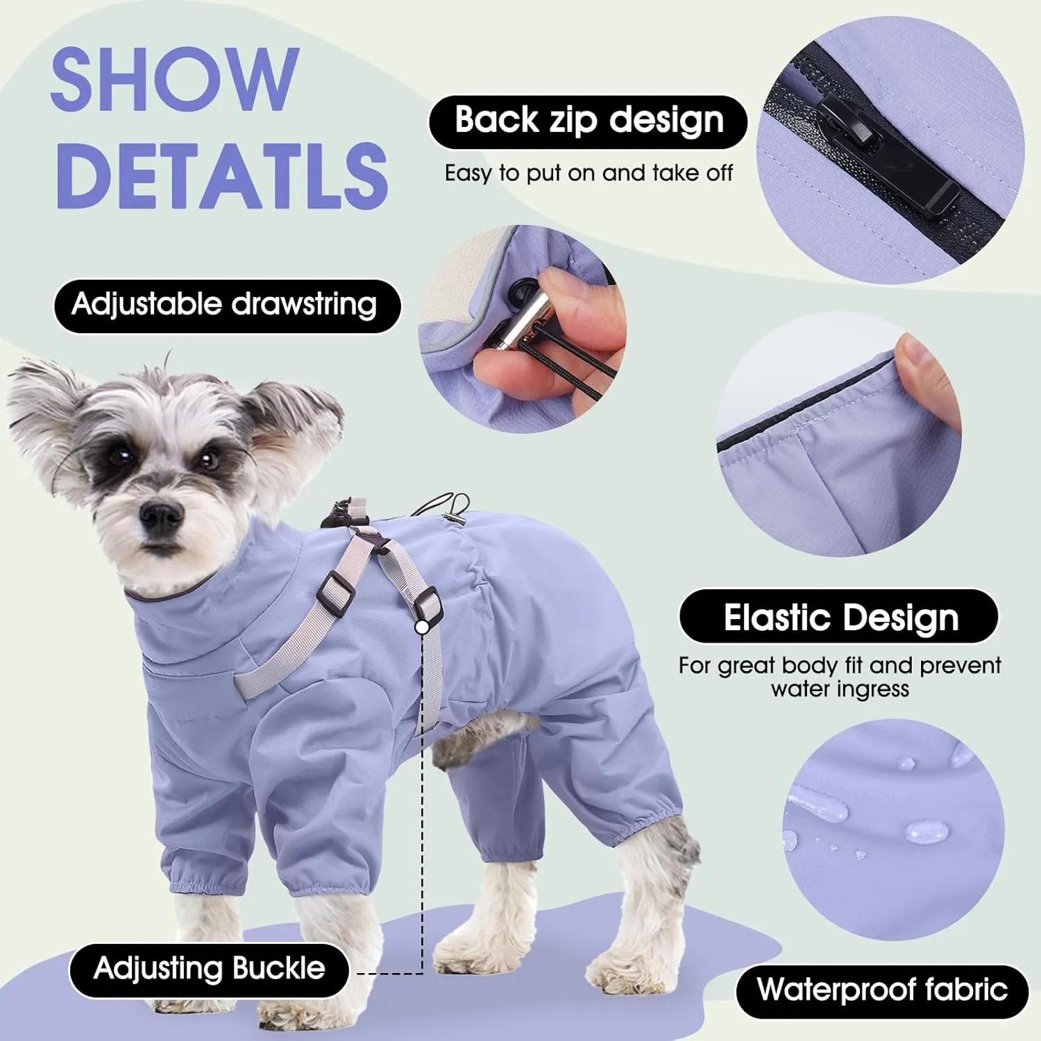 BRKURLEG Dog Raincoat for Small Dogs, Small Dog Rain Jacket with Harness Built in, Waterproof 4 Legs Puppy Raincoats, Puppy Outdoor Jacket with Reflective Strip, Purple, XL