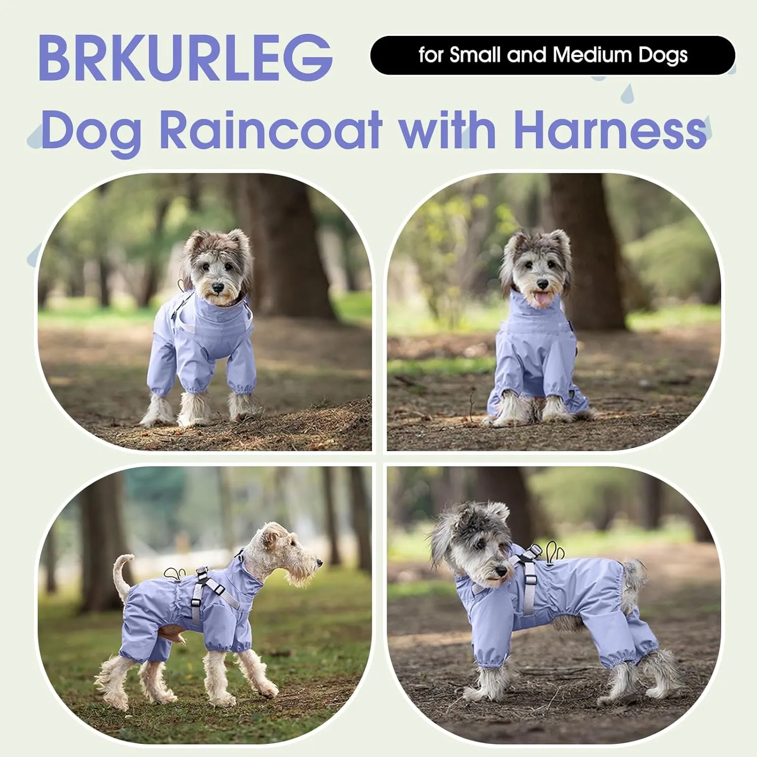 BRKURLEG Dog Raincoat for Small Dogs, Small Dog Rain Jacket with Harness Built in, Waterproof 4 Legs Puppy Raincoats, Puppy Outdoor Jacket with Reflective Strip, Purple, XL