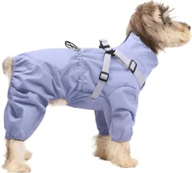 BRKURLEG Dog Raincoat for Small Dogs, Small Dog Rain Jacket with Harness Built in, Waterproof 4 Legs Puppy Raincoats, Puppy Outdoor Jacket with Reflective Strip, Purple, XL