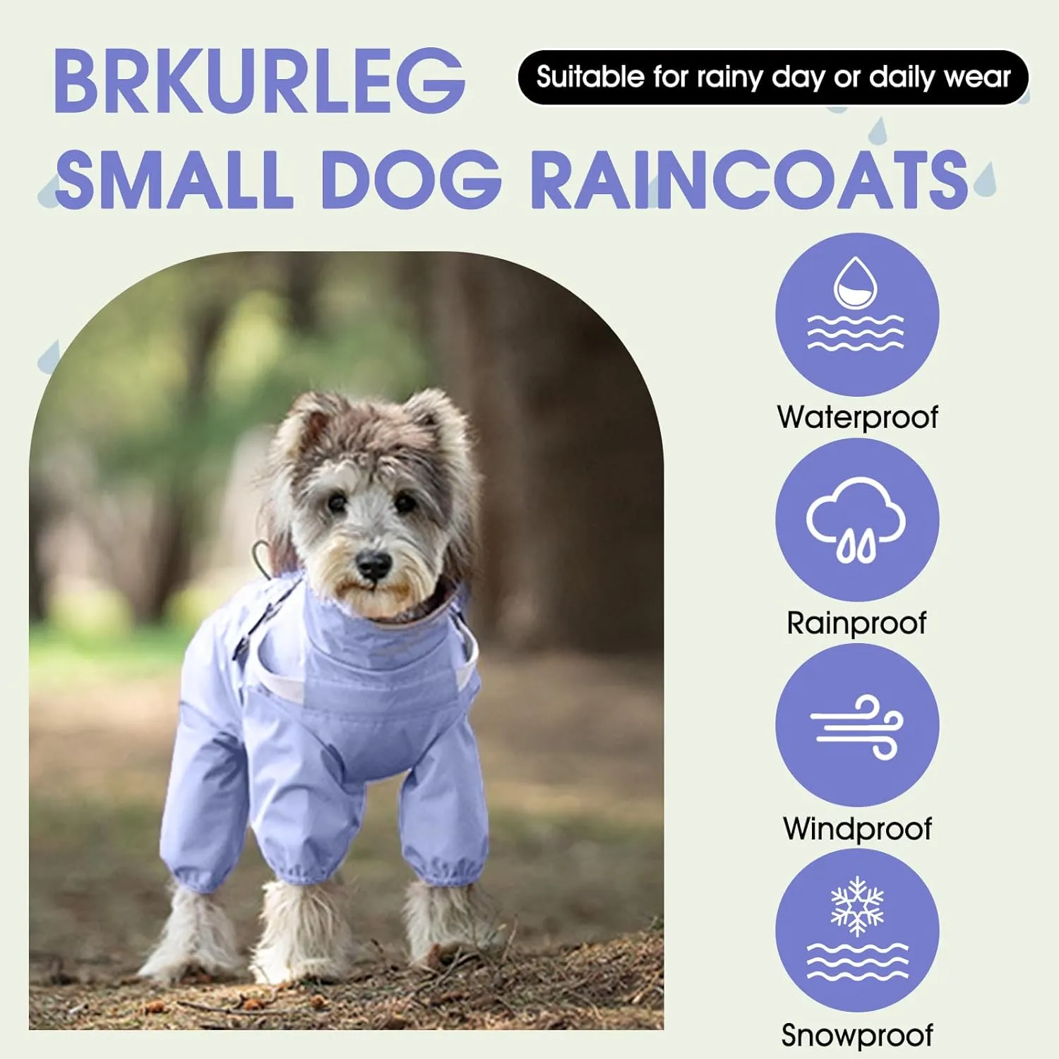 BRKURLEG Dog Raincoat for Small Dogs, Small Dog Rain Jacket with Harness Built in, Waterproof 4 Legs Puppy Raincoats, Puppy Outdoor Jacket with Reflective Strip, Purple, XL