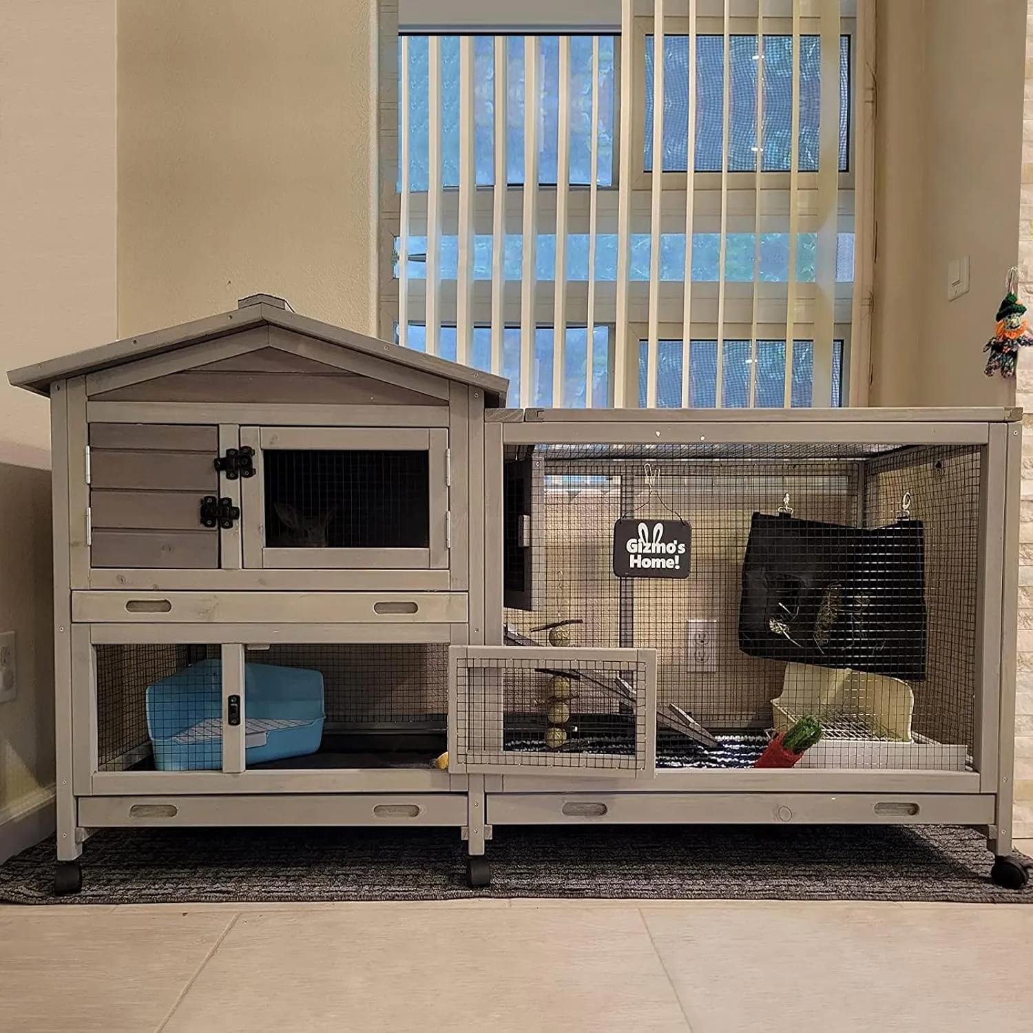 Bunny Cage Indoor and Outdoor Rabbit Hutch with Casters Waterproof Roof, Pull Out Tray from Back and Front 61.2" L x 22.6" W x 33.5" H