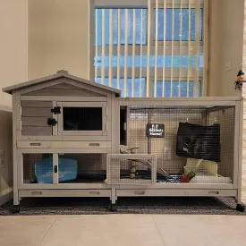 Bunny Cage Indoor and Outdoor Rabbit Hutch with Casters Waterproof Roof, Pull Out Tray from Back and Front 61.2" L x 22.6" W x 33.5" H