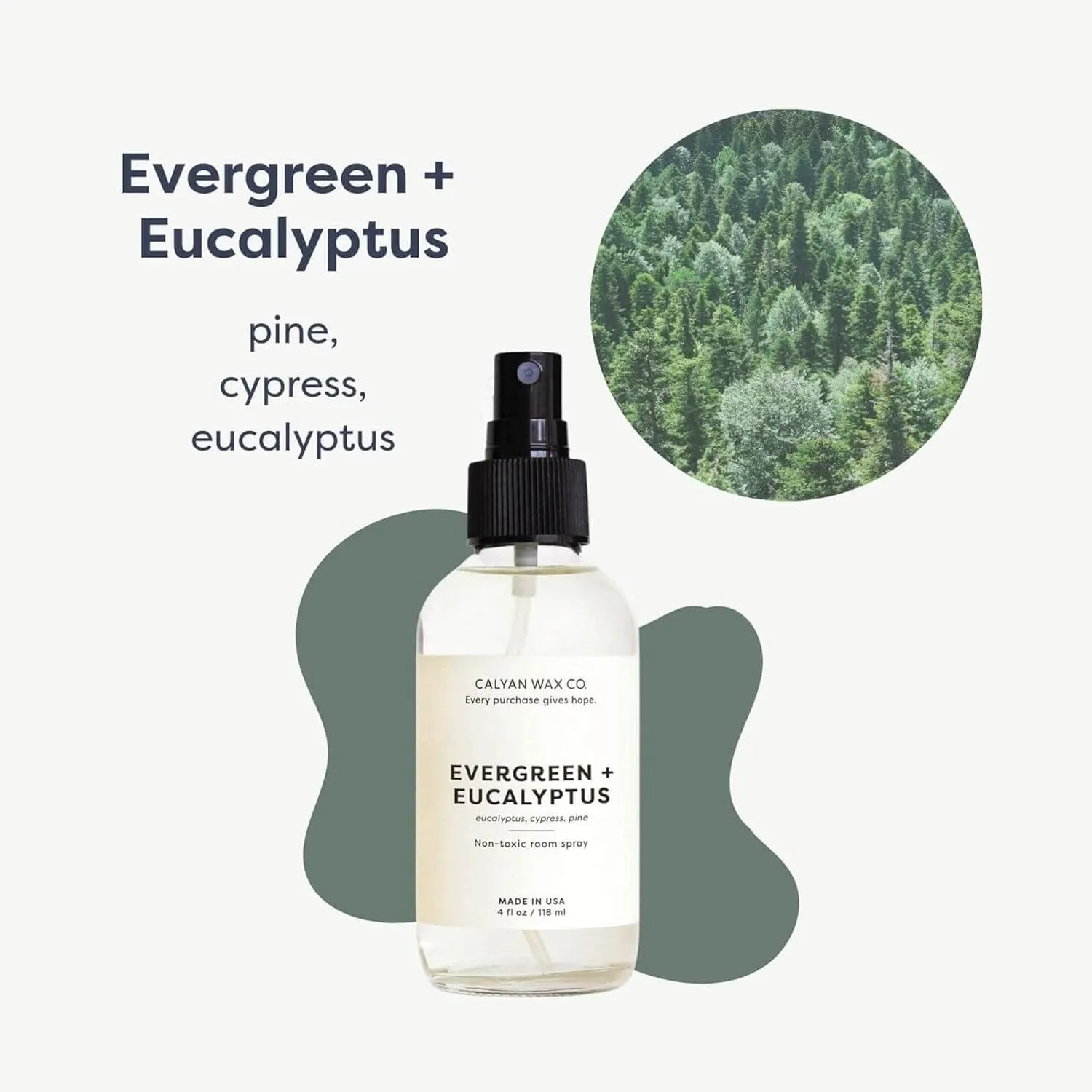 Calyan Wax Co. Non Toxic Room Spray, Evergreen   Eucalyptus Air Freshener, Non Aerosol Natural Room Mist, Aromatherapy Spray with Essential Oils, 4fl oz