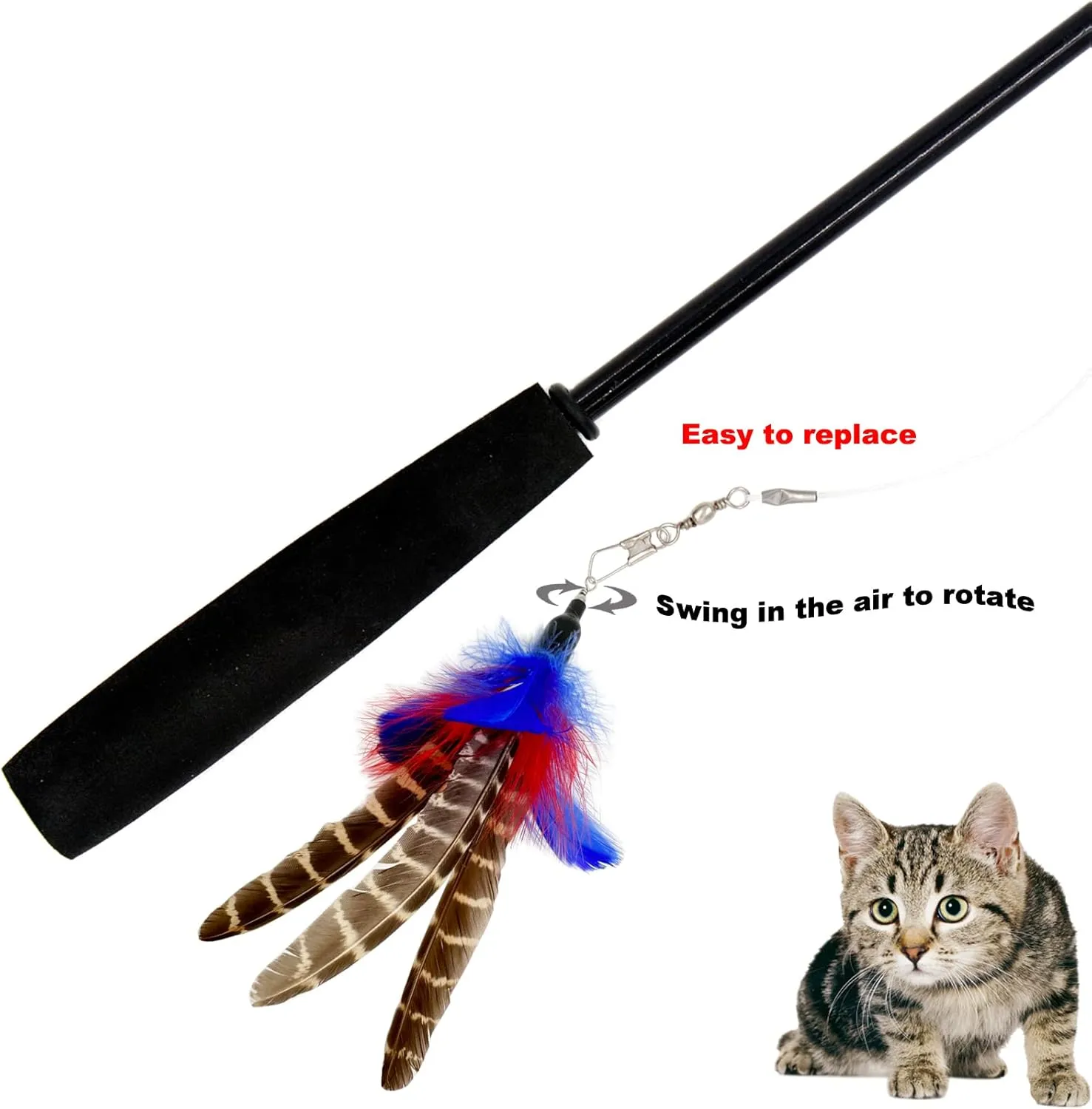 Cat Feather Toys Refills, 6 Pieces Handmade Da Bird Feathers Refill, Cat Wand Replacement Feather for Indoor Cats (A)
