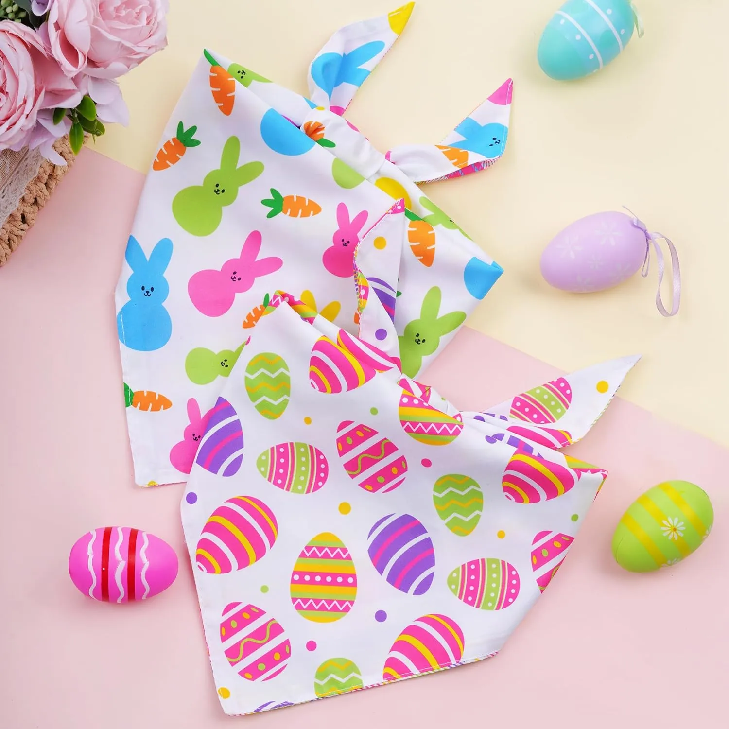 hoyuwak Easter Dog Bandana, 2Pcs Easter Egg Rabbit Carrot Plaid Pet Scarf Adjustable Triangle Puppy Scarves Reversible Colorful Bib for Small Medium Large Dogs Cats Gifts