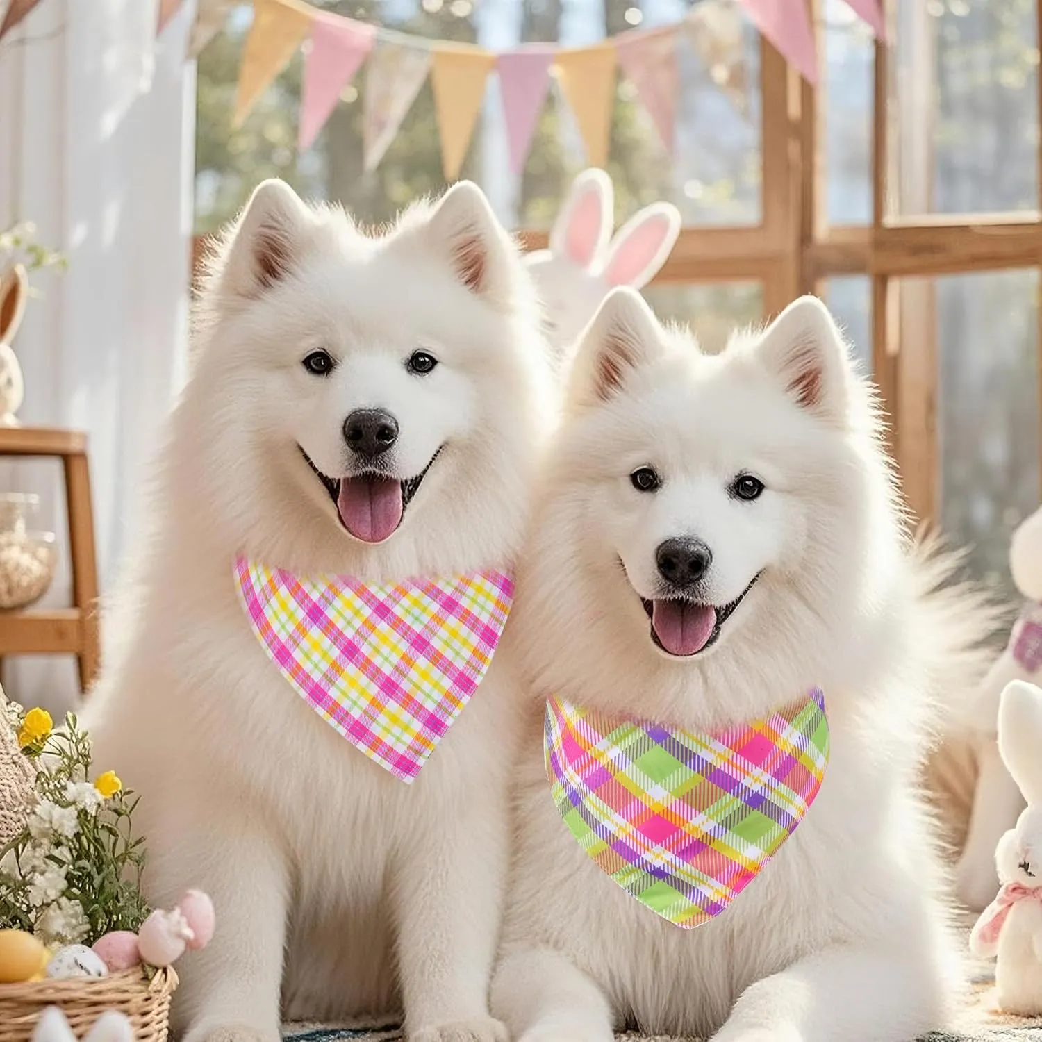 hoyuwak Easter Dog Bandana, 2Pcs Easter Egg Rabbit Carrot Plaid Pet Scarf Adjustable Triangle Puppy Scarves Reversible Colorful Bib for Small Medium Large Dogs Cats Gifts