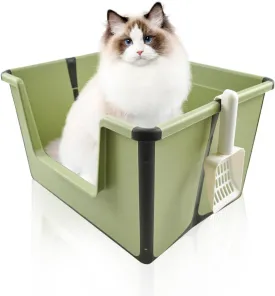 Large Cat Litter Box Folding, Portable Litter Box with Scoop Foldable Spill-Proof Cat Box High Side Low Entrance Anti-Splashing Kitty Toilet for Small and Medium Cats(Green)