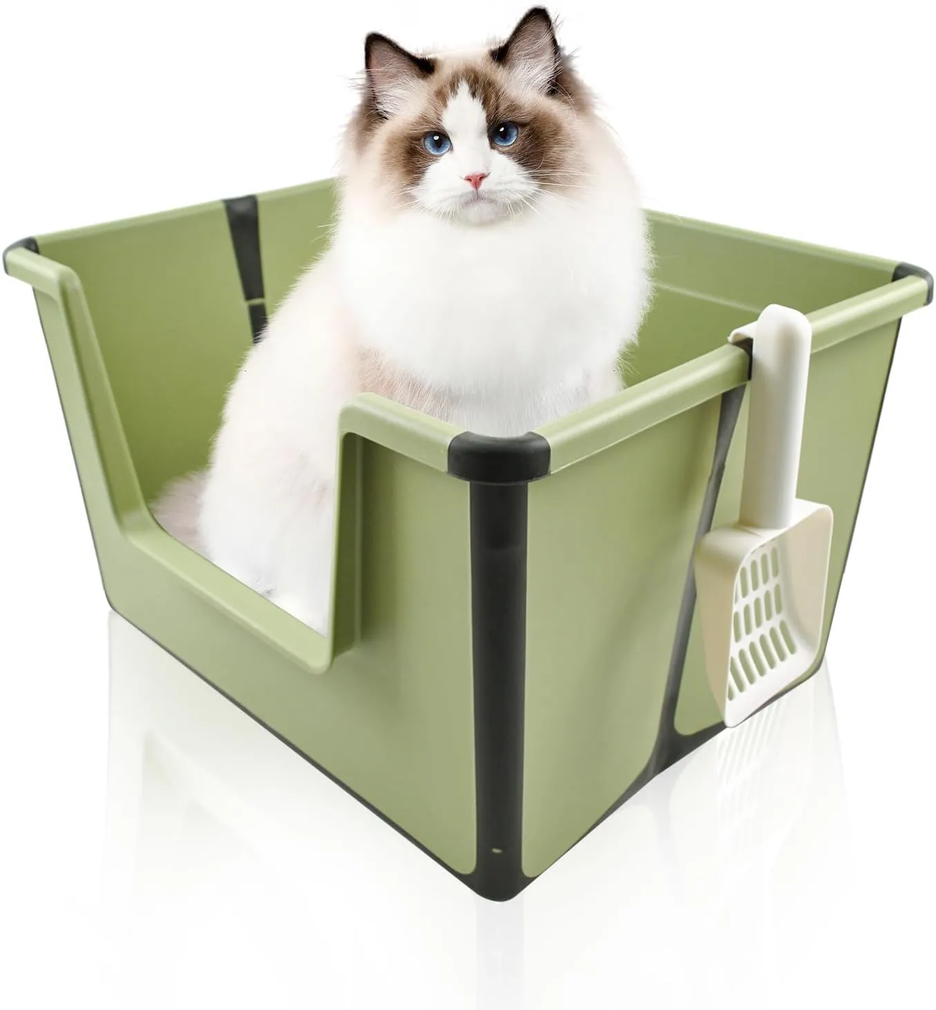 Large Cat Litter Box Folding, Portable Litter Box with Scoop Foldable Spill-Proof Cat Box High Side Low Entrance Anti-Splashing Kitty Toilet for Small and Medium Cats(Green)