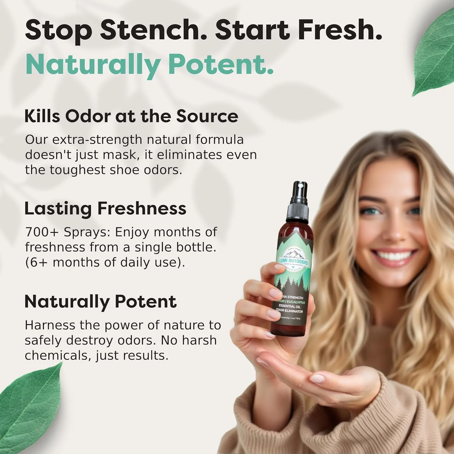 Lumi Outdoors Natural Shoe Deodorizer & Foot Odor Elimination Spray - Shoe Spray for Smelly Shoes - Extra Strength - Eucalyptus Lemongrass