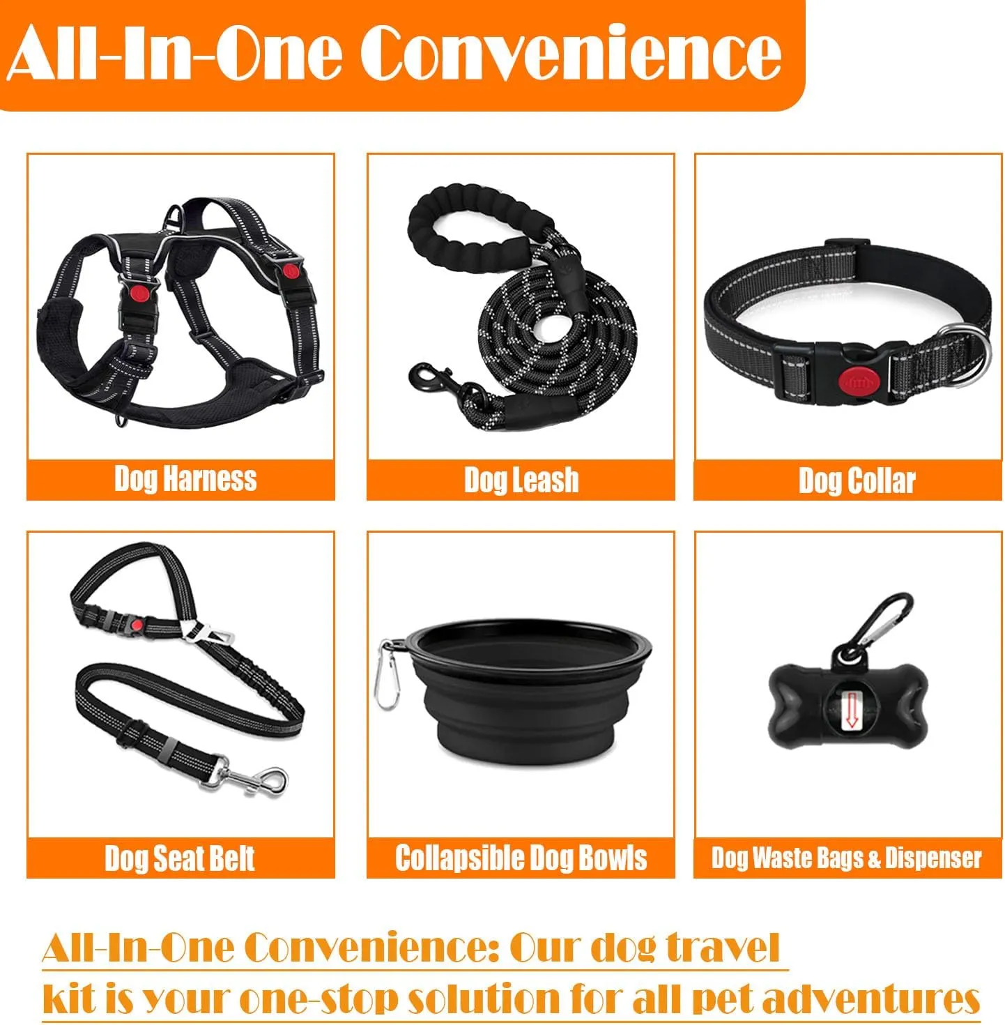 No Pull Dog Harness, Collar & Leash Set | Includes Dog Seat Belt, Collapsible Bowls & Poop Bag Dispenser. Ideal for Training, Walking, Hiking. Fits Small to Large Dogs(Black-S)