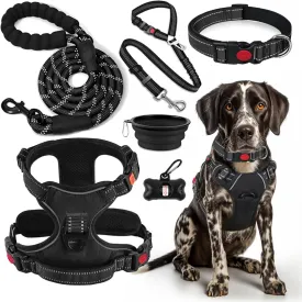 No Pull Dog Harness, Collar & Leash Set | Includes Dog Seat Belt, Collapsible Bowls & Poop Bag Dispenser. Ideal for Training, Walking, Hiking. Fits Small to Large Dogs(Black-S)