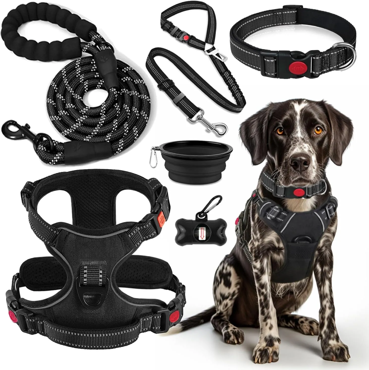 No Pull Dog Harness, Collar & Leash Set | Includes Dog Seat Belt, Collapsible Bowls & Poop Bag Dispenser. Ideal for Training, Walking, Hiking. Fits Small to Large Dogs(Black-S)