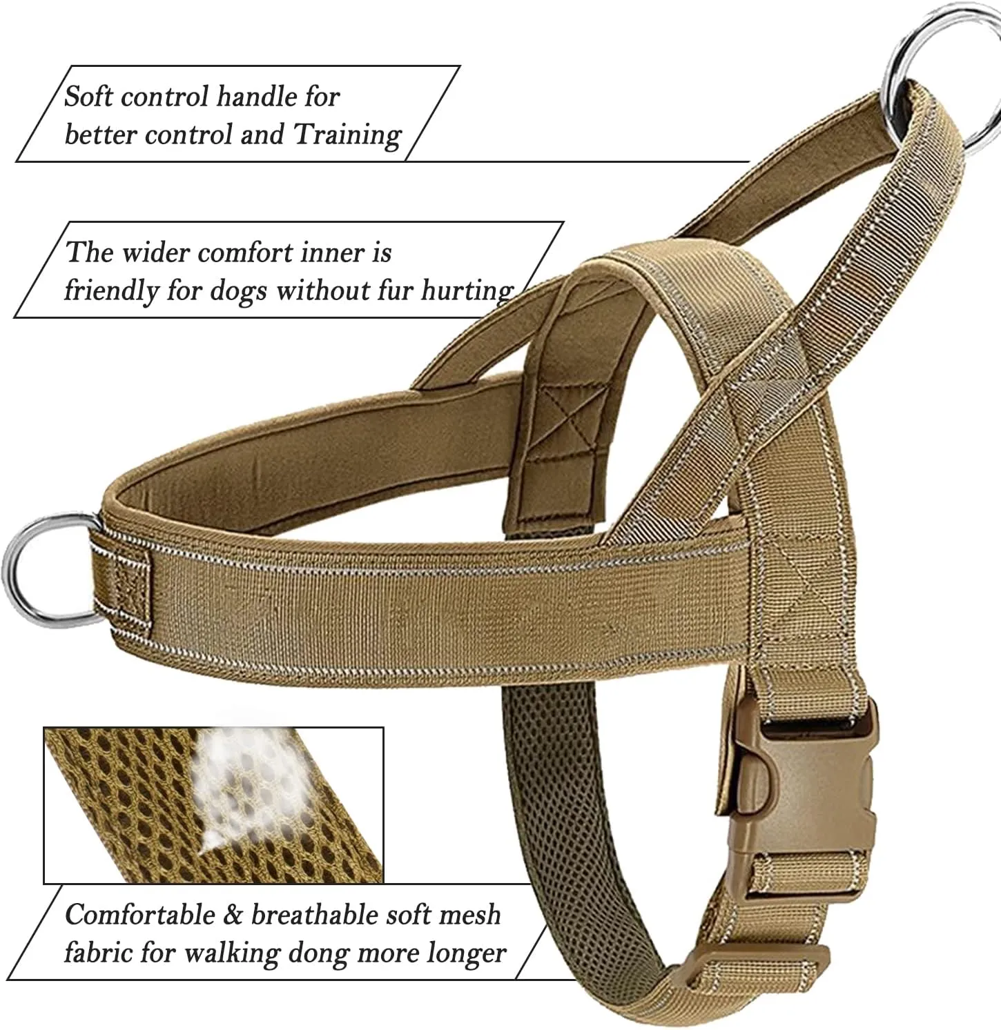 No Pull Dog Harness for Medium Large Dogs, Reflective Escape Proof Adjustable No Pulling Harnesses Brown L
