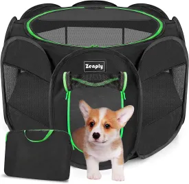 Portable Pet Dog Playpen, Pet Playpen Foldable Extra Heavy Duty Pop Up No Assembly Kennel Tent Crate Indoor Outdoor with Shade Ventilation Mesh for Small Dog, Kitten, Cat, Rabbit (Black)