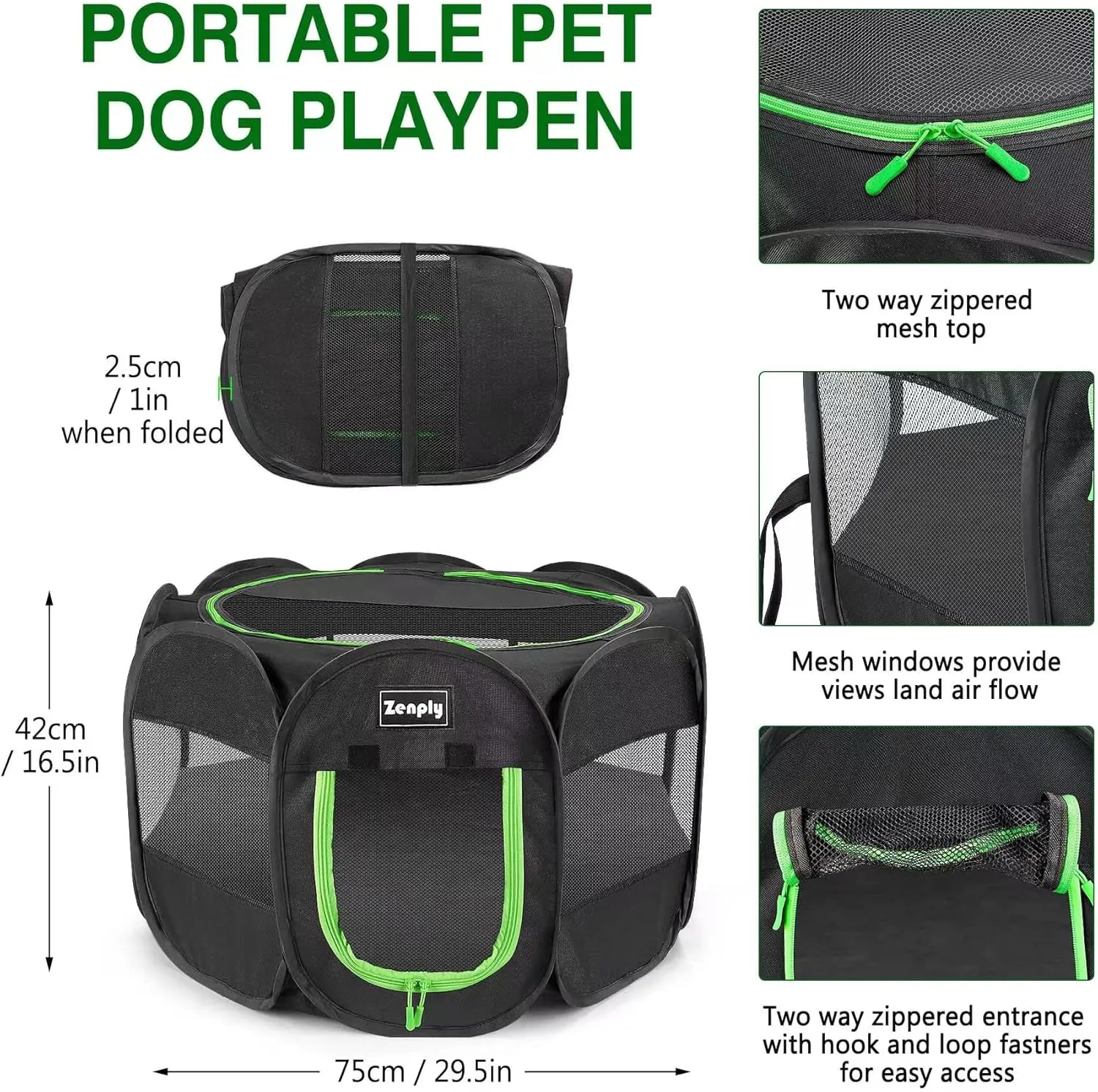 Portable Pet Dog Playpen, Pet Playpen Foldable Extra Heavy Duty Pop Up No Assembly Kennel Tent Crate Indoor Outdoor with Shade Ventilation Mesh for Small Dog, Kitten, Cat, Rabbit (Black)