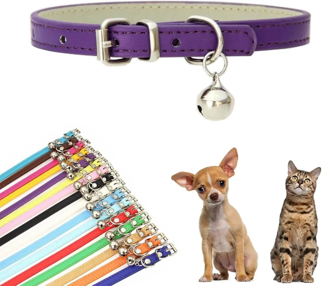 Purple XXS Dog Bell Collar, Faux Leather Kitten Collar with Bells Pu Basic Boy Dog Collars for XXS XSmall Small Medium Pet Male Dogs Little Cats Tiny Animal, XXSmall