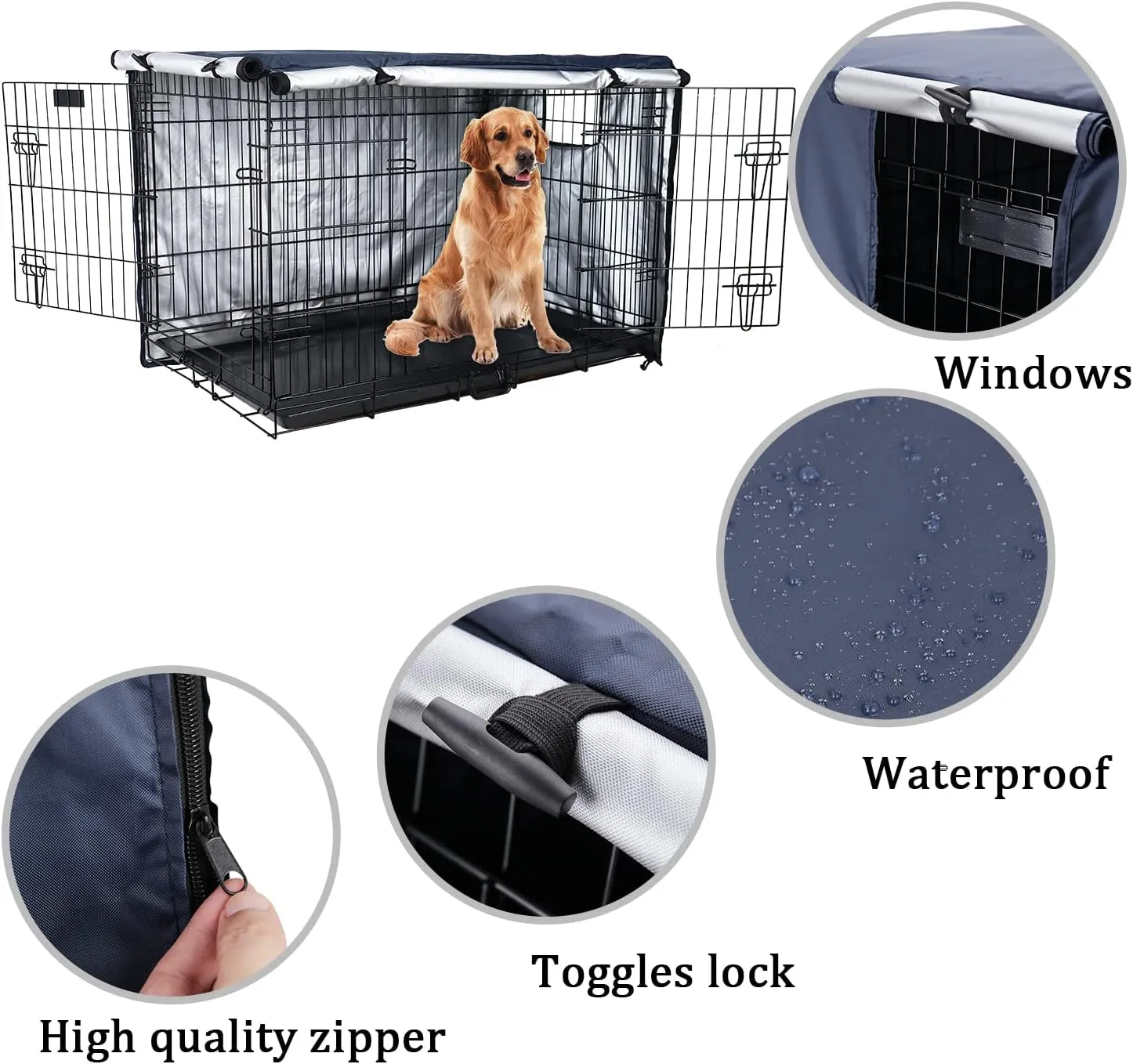 Senmortar Double Door Dog Crate Cover Wire Dog Cage Cover Waterproof Durable Lightweight 420D Polyester for Pet Crates Dark Blue 36 inches