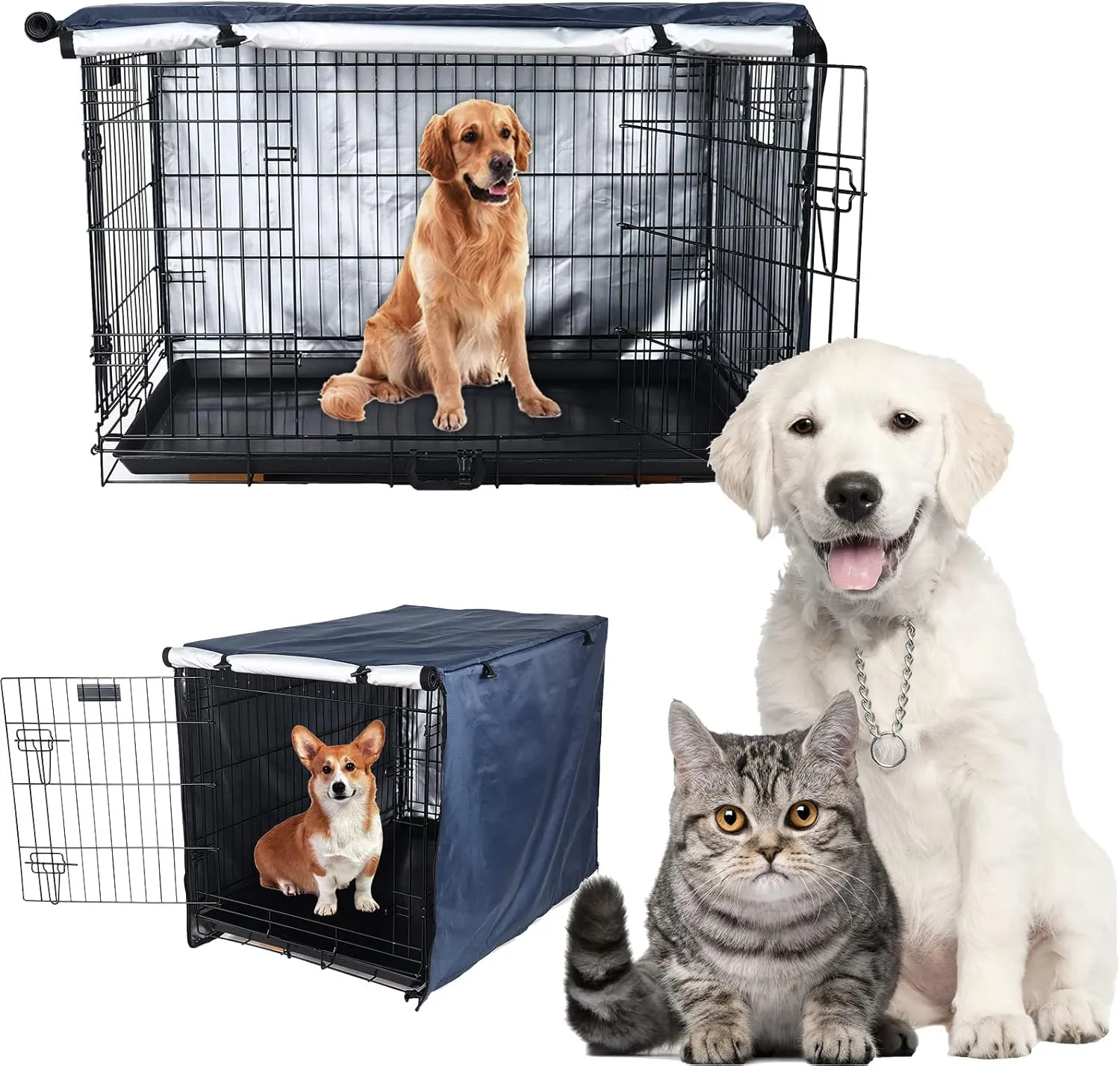 Senmortar Double Door Dog Crate Cover Wire Dog Cage Cover Waterproof Durable Lightweight 420D Polyester for Pet Crates Dark Blue 36 inches