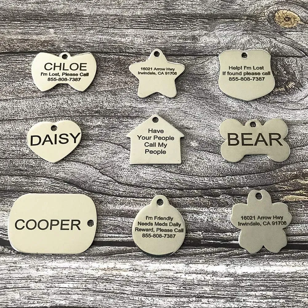 Stainless Steel Pet ID Tags - Engraved Personalized Dog Tags, Cat Tags Front & Back up to 8 Lines of Text  Bone, Round, Heart, Flower, Badge, House, Star, Rectangle, Bow Tie