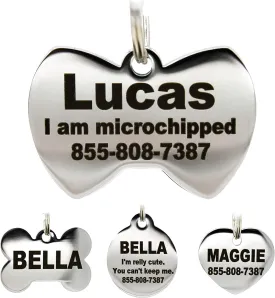 Stainless Steel Pet ID Tags - Engraved Personalized Dog Tags, Cat Tags Front & Back up to 8 Lines of Text  Bone, Round, Heart, Flower, Badge, House, Star, Rectangle, Bow Tie
