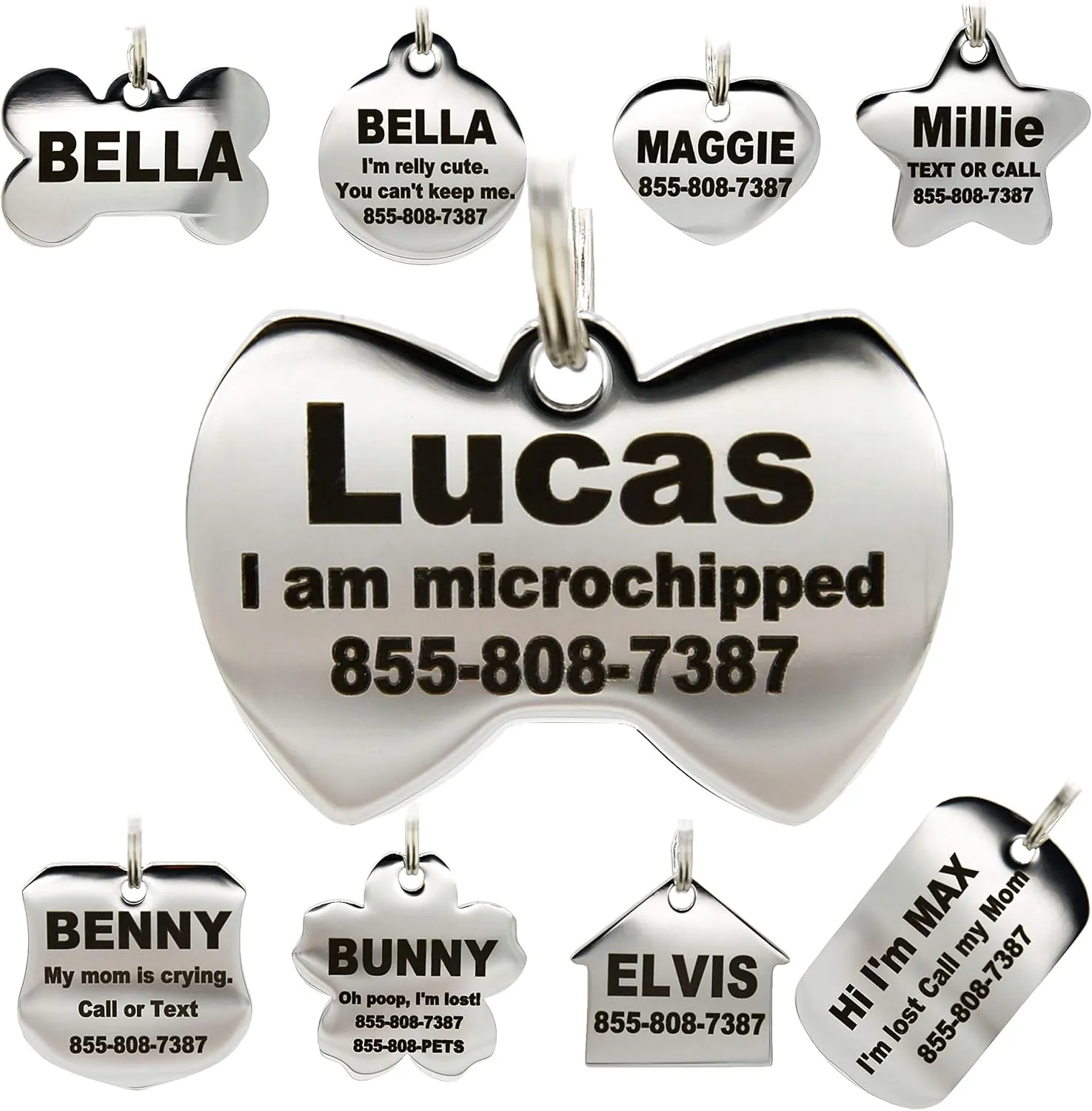 Stainless Steel Pet ID Tags - Engraved Personalized Dog Tags, Cat Tags Front & Back up to 8 Lines of Text  Bone, Round, Heart, Flower, Badge, House, Star, Rectangle, Bow Tie