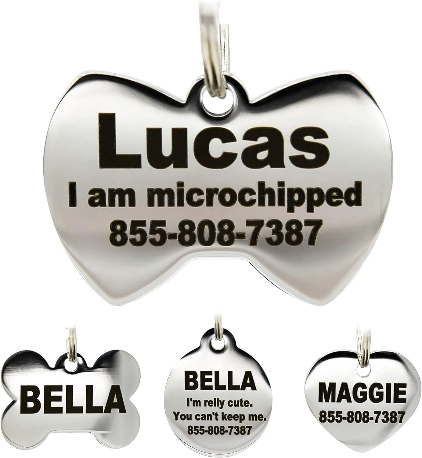 Stainless Steel Pet ID Tags - Engraved Personalized Dog Tags, Cat Tags Front & Back up to 8 Lines of Text  Bone, Round, Heart, Flower, Badge, House, Star, Rectangle, Bow Tie