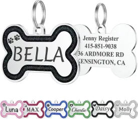 Stainless Steel Pet ID Tags in Glitter, Durable Dog Tags Engraved for Pets, Deep Engraved Personalized Dog Tags with Lovely 36 Icons, up to 5 Lines Custom Text Dog Name Tag (Large, Black)