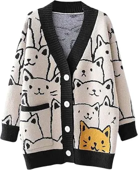 Women's Cat Sweater Cardigan Oversized Kawaii Cartoon Button Down Open Front Cat Print Knit Vintage Cardigan Sweater